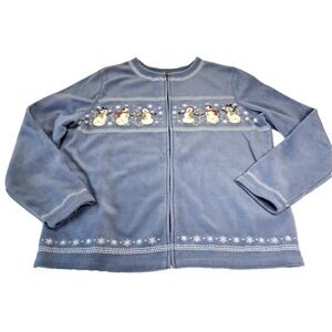 Fleece Sweater Embroidered Snowmen Women's M‎ Jacket Full Zip Blue Winter Cozy